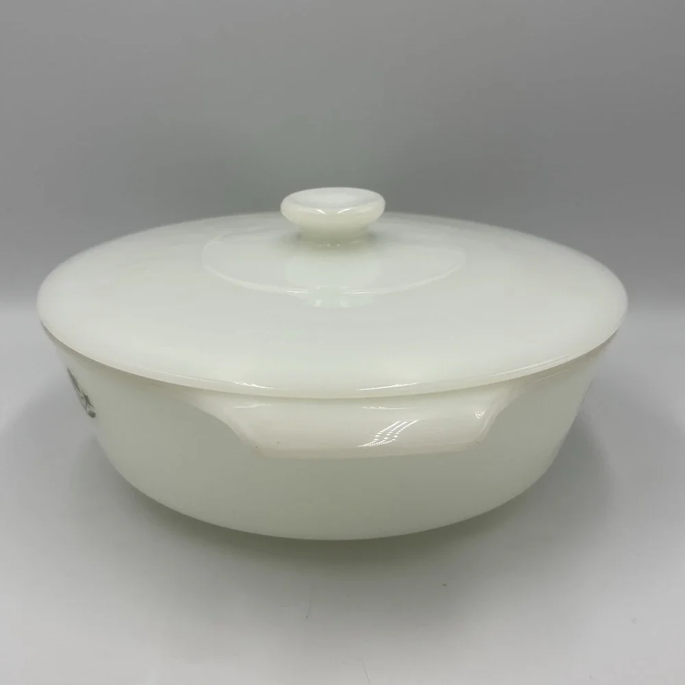 Vintage Fire King1.5 Qt Casserole W/Lid White/Green Meadow Design Anchor Hocking